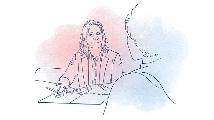 Illustration einer Therapeutin im Gespräch mit einem Patienten