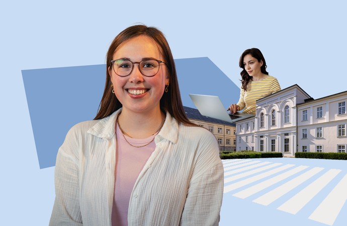 Junge Frau steht vor blauem Hintergrund mit Verwaltungsgebäude und Frau, die am Laptop arbeitet