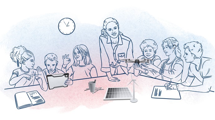 Illustration von Kindern und Erwachsenen, die sich verschiedenen Projekten widmen