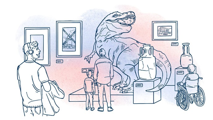Illustration von mehreren Personen mit und ohne Behinderung, die sich sich in einem Museum u.a. einen Dinosaurier anschauen.