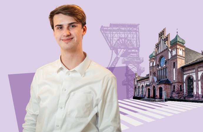 Junger Mann steht vor fliederfarbenem Hintergrund mit Museumsgebäude und Zeche-Illustration