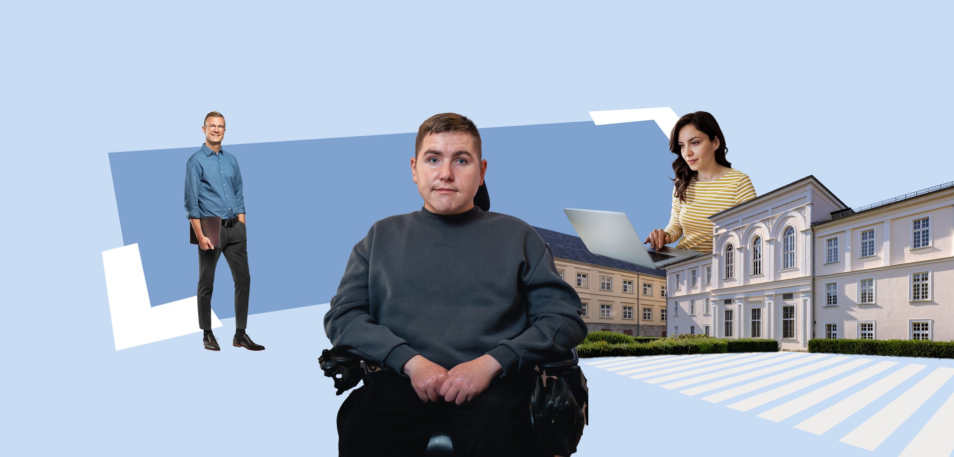 Junger Mann im Rollstuhl, Mann mit Laptop im Hintergrund, Verwaltungsgebäude und Frau, die am Laptop arbeitet.