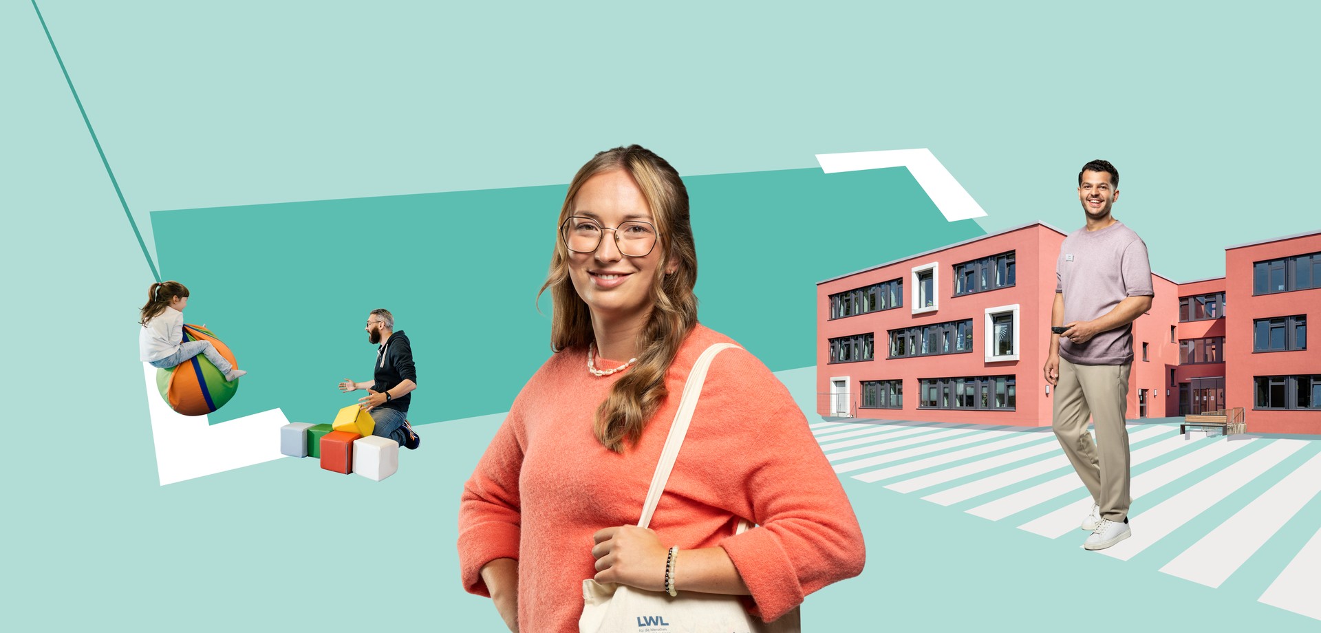 Junge Frau mit Brille im Vordergrund, Erzieher und spielendes Kind sowie junger Mann und Gebäude im Hintergrund.
