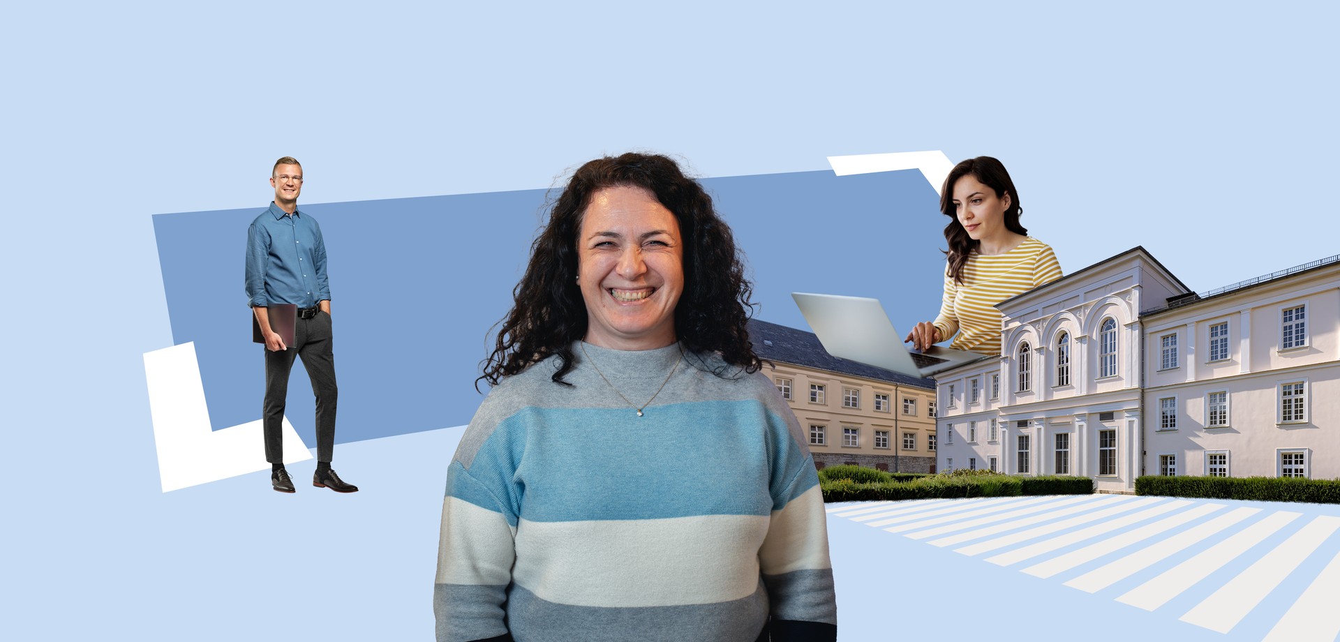 Frau mit dunklen Locken, Mann mit Laptop im Hintergrund, Verwaltungsgebäude und Frau, die am Laptop arbeitet.