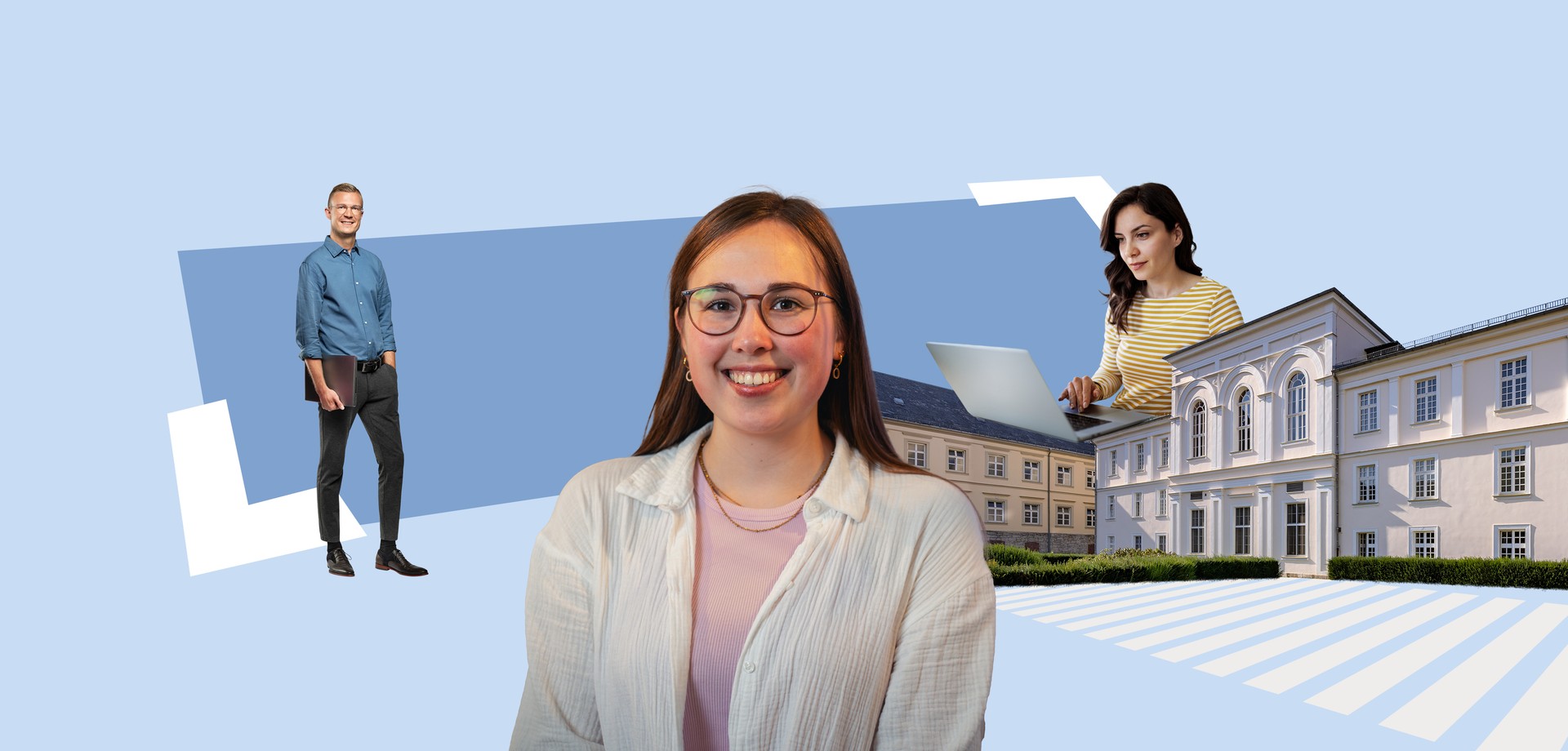 Junge Frau im Vordergrund, Mann mit Laptop im Hintergrund, Verwaltungsgebäude und Frau, die am Laptop arbeitet.