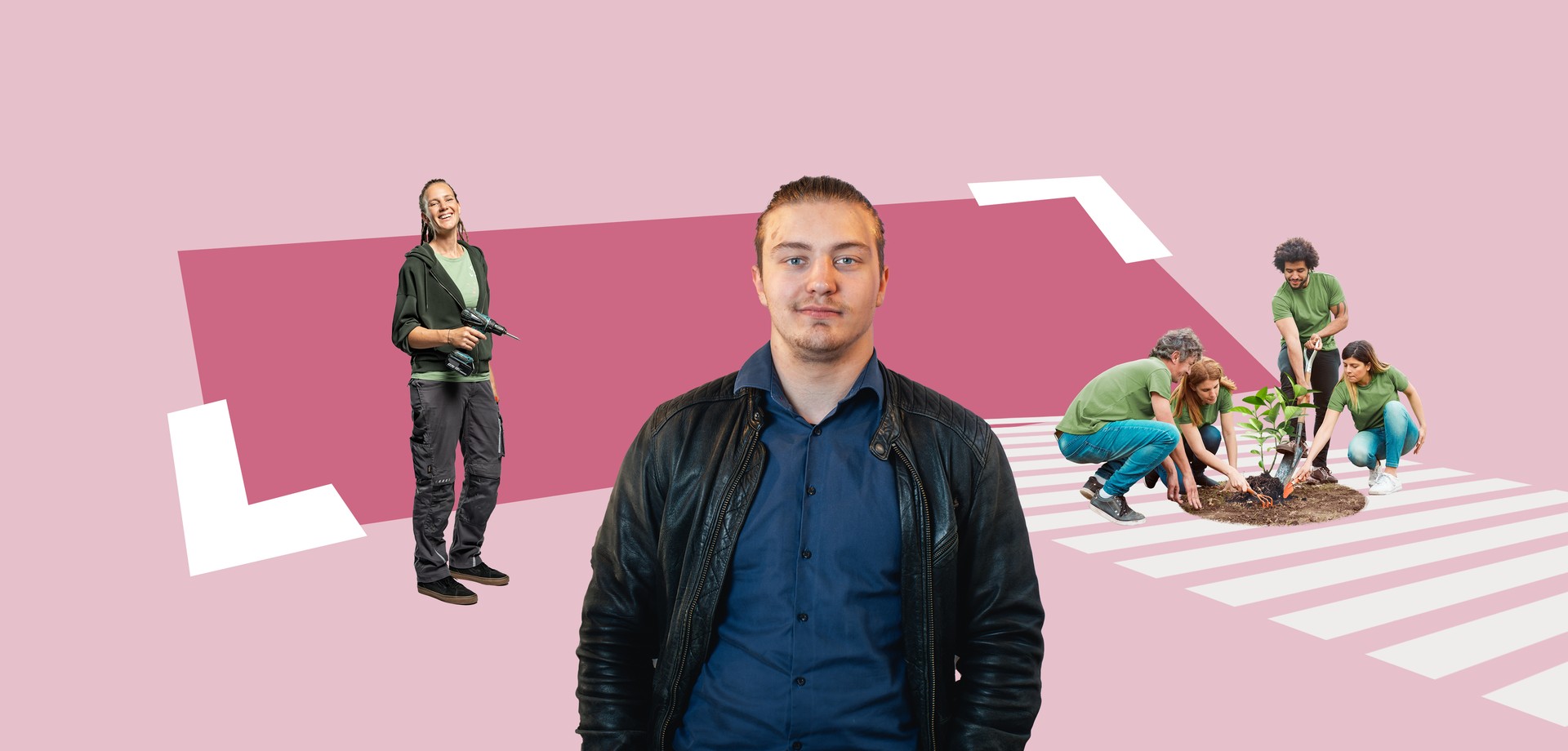 Junger Man im Vordergrund, Frau mit Akkuschrauber und Gruppe, die einen Baum pflanzt, im Hintergrund