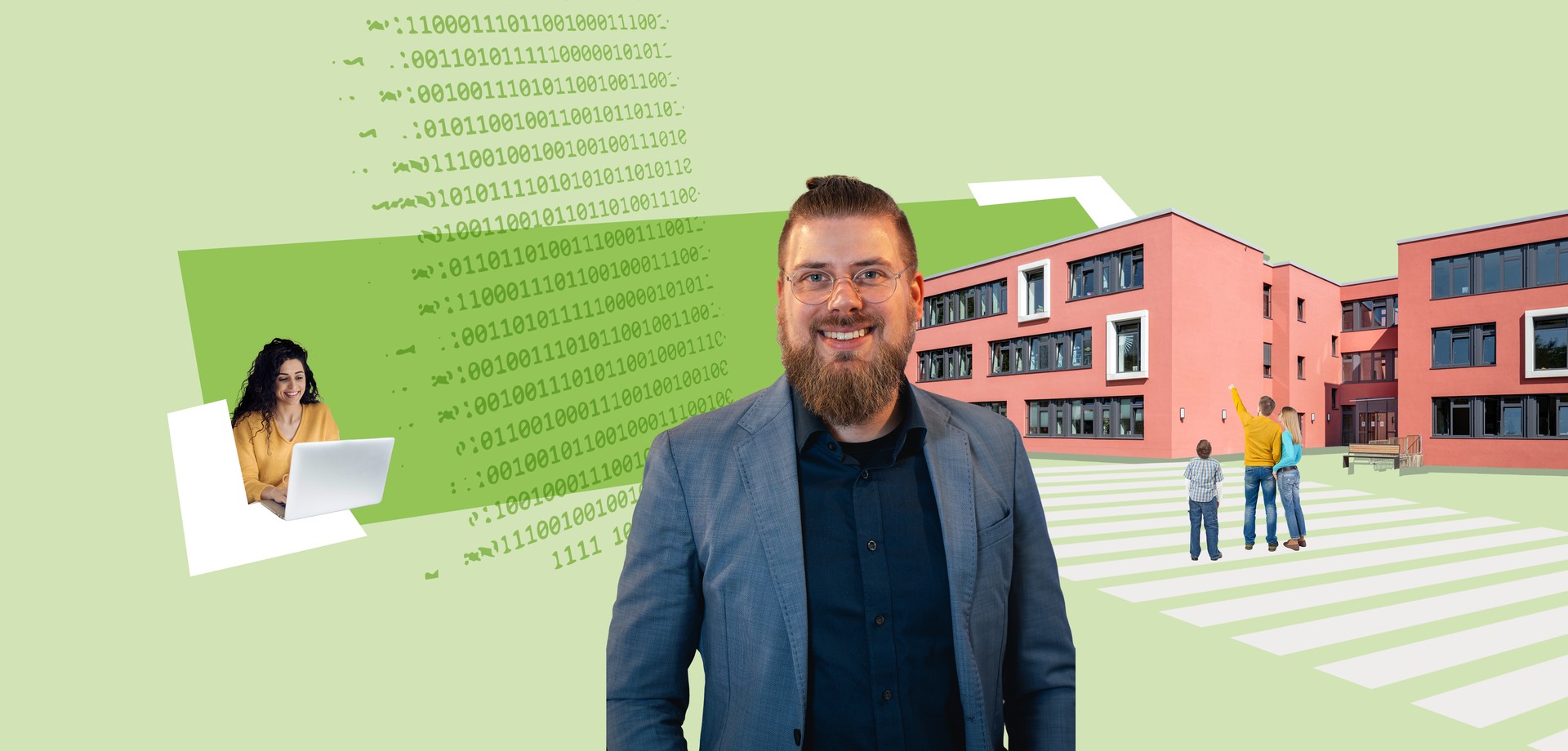 Mann mit Brille, Frau mit Laptop im Hintergrund, Familie mit Frau, Mann und Kind, die auf das Verwaltungsgebäude zeigen.