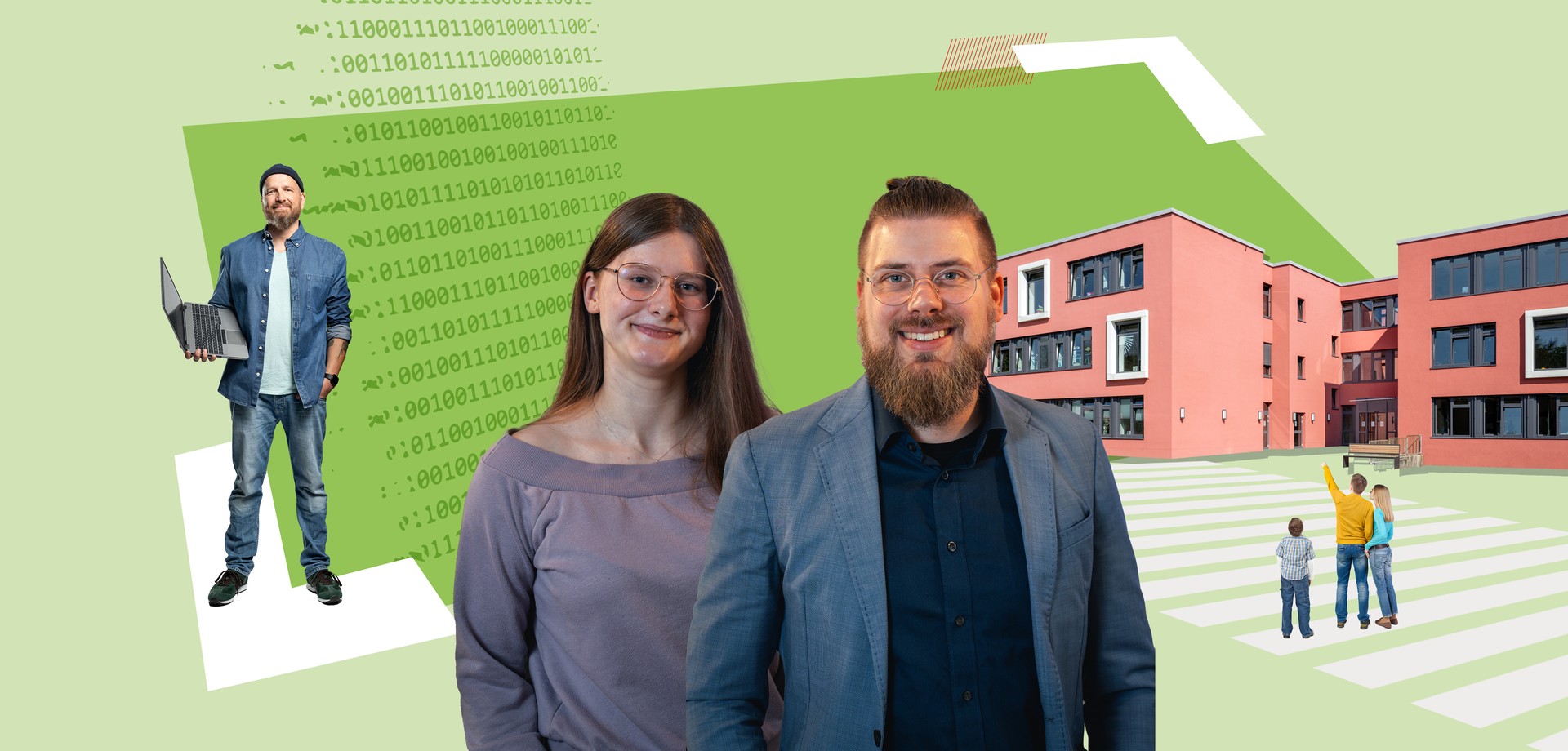 Ein Mann und eine Frau stehen vor einem grünen Hintergrund. Im Hintergrund sind ein Mann mit Laptop sowie eine Familie mit Kind vor einem Gebäude.